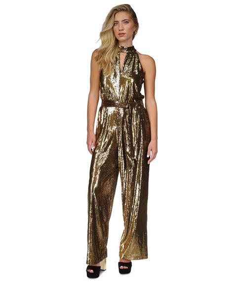 michael kors navy jumpsuit gold chain|MICHAEL Michael Kors Women's Chain Halter Jumpsuit .